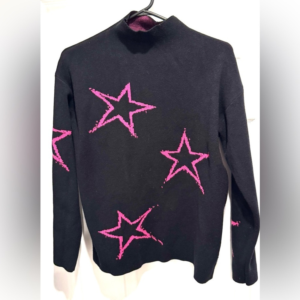 Tahari star mock neck sweater warm structured fuchsia black stretch cozy USM